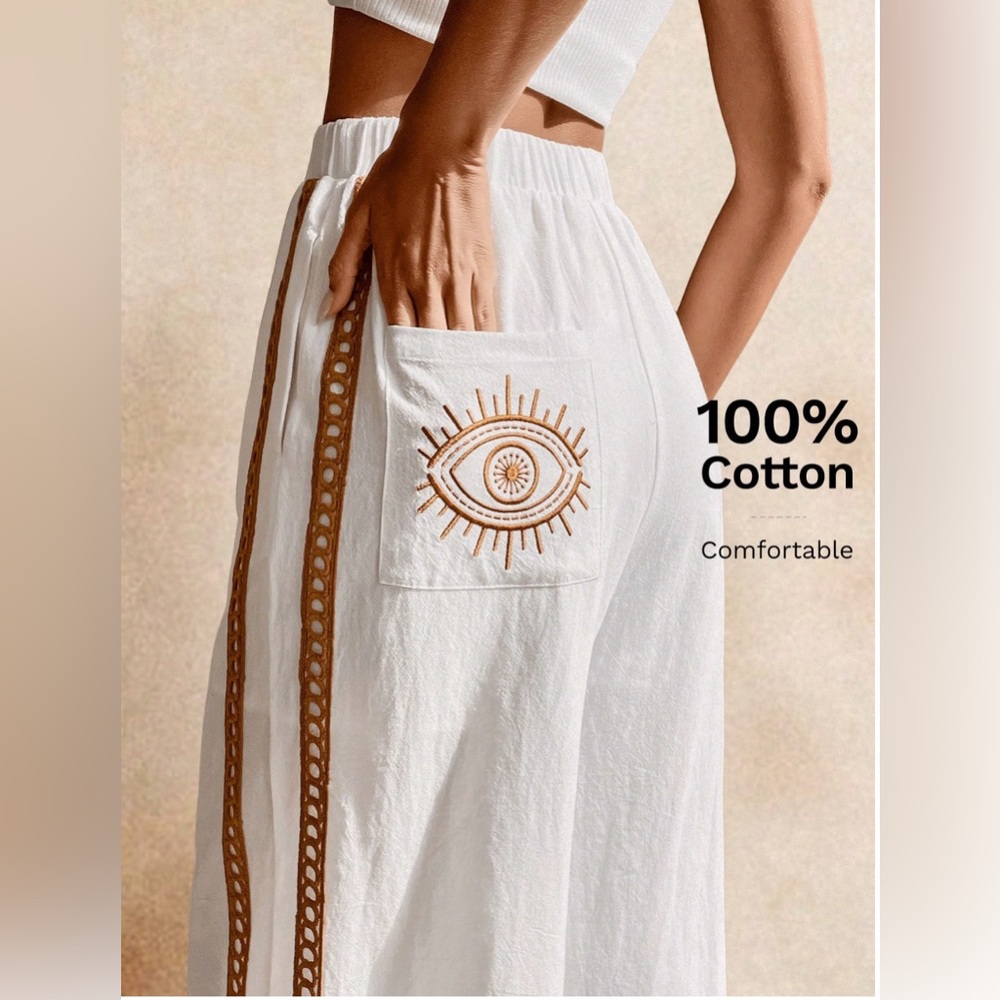Embroidered Pocket Eye Pattern Cotton Wide Leg Pant - Picture 8 of 14